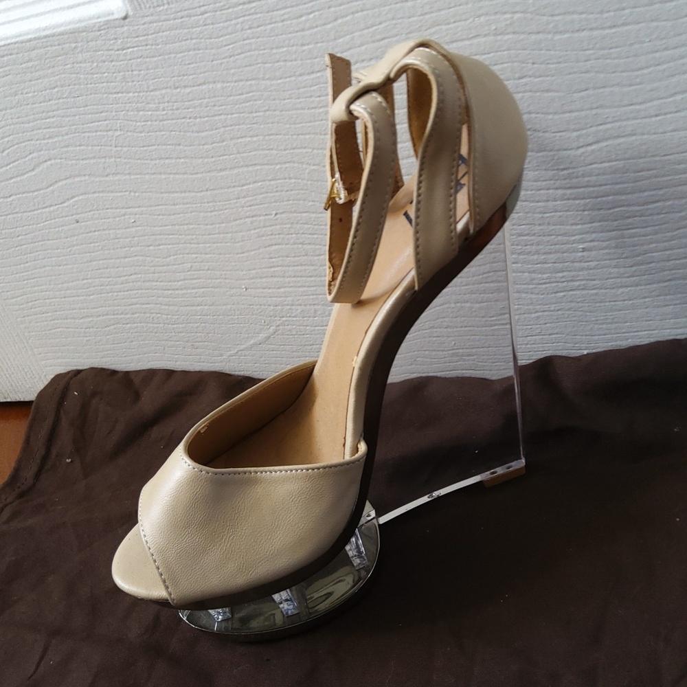 Peep-Toe Ankle-Strap Lucite Heels in Beige